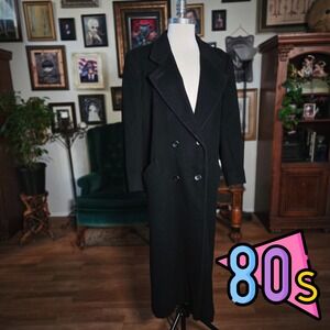 Vintage 80s Fashionbilt Black Wool Blend Long Trench Coat Double Breasted
